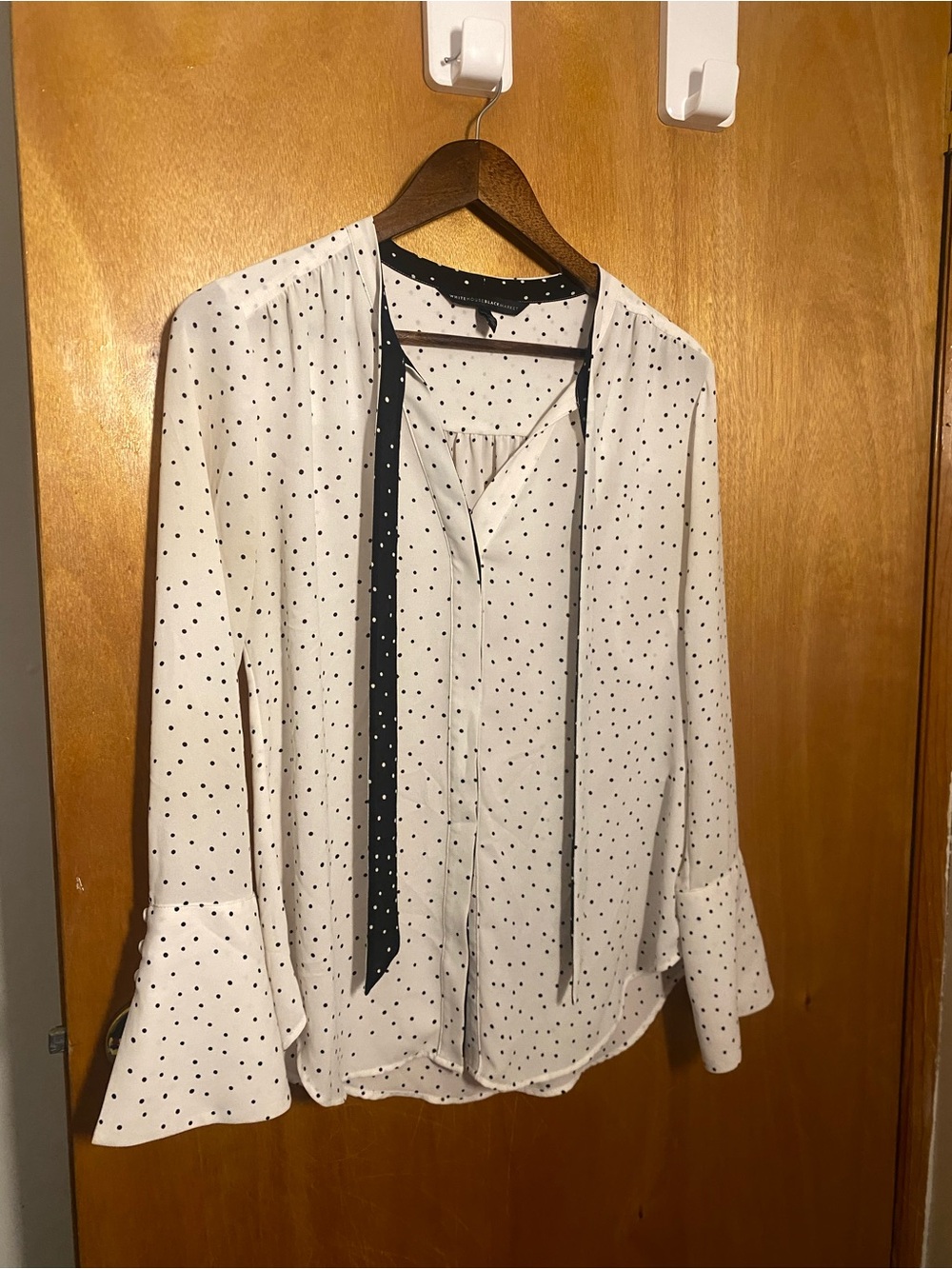 White House Black Market White Blouse with Black Polka Dots and Tie-Neck